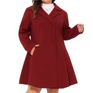 Plus Size Double Breasted a Line Pea Coats Jacket with Pockets Burgundy